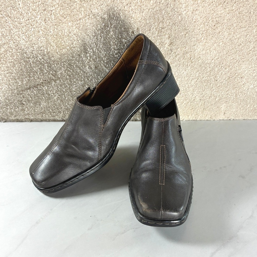 Josef Seibel Brown Leather Loafers - 39 - Square Toe Side Zip Block Heel Comfort